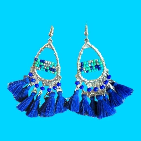 EARRINGS FAN  Tone Wires Turquoise BEADING - Picture 2 of 3